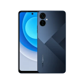 Tecno Camon 19 Neo siyah akıllı telefon, ön ekran ve arka çift kamera tasarımını gösteren vitrin görünümü