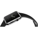 Apple Watch 42 mm paslanmaz çelik kasalı, siyah spor kordonlu akıllı saat açılı görünümle sergileniyor