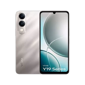 Vivo Y19 5G gümüş akıllı telefon, ön ekran ve arka çift kamera tasarımlı vitrin görünümü