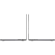 Apple MacBook Pro M3 14.2 inç gri laptop, ince yan profil ve bağlantı noktalarıyla açık konumda