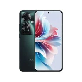 Oppo Reno 11 F 5G yeşil akıllı telefon, ön ekran ve arka kamera modülüyle vitrin görünümü