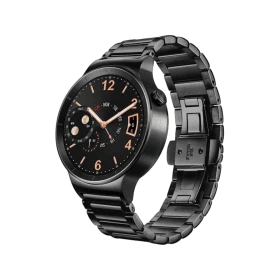 Huawei Watch Black Siyah akıllı saat, metal kordonu ve yuvarlak ekranıyla önden üç çeyrek açıdan görünür