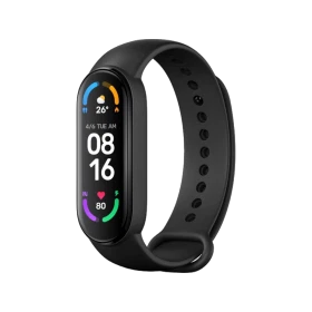 Xiaomi Mi Band 6 siyah akıllı bileklik, renkli ekranı ve ayarlanabilir kayışıyla önden görünüm