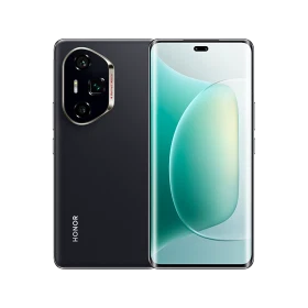 Honor 300 Ultra siyah akıllı telefon, ön ekran ve arka kamera modülüyle vitrinde sergileniyor