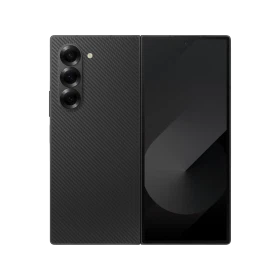 Samsung Galaxy Z Fold6 siyah akıllı telefon, açık formda ön ekran ve arka üçlü kamera tasarımıyla vitrin görünümü
