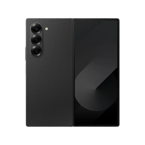 Samsung Galaxy Z Fold6 siyah akıllı telefon, açık formda ön ekran ve arka üçlü kamera tasarımıyla vitrin görünümü