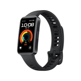 Huawei Band 9 siyah akıllı bileklik, renkli sağlık göstergeleri bulunan ekranı ve ayarlanabilir silikon kordonuyla