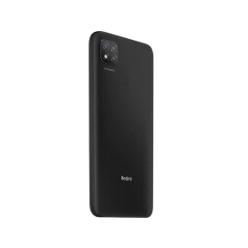 Xiaomi Redmi 9C siyah akıllı telefonun arka yüzü, çoklu kamera modülü ve parmak izi okuyucu detayı