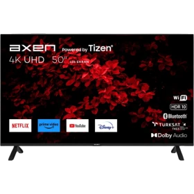 Axen AX50FMN501 Ultra HD 4K LED televizyon, 50 inç siyah ekran ve ayaklarıyla önden görünüm
