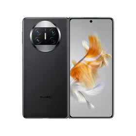 Huawei Mate X3 siyah akıllı telefon, arka kamera modülü ve ön ekran görünümüyle vitrin çekimi