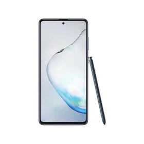 Siyah Samsung Galaxy Note 10 Lite akıllı telefon, önden görünüm ve yanında S Pen kalemle vitrin çekimi