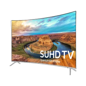 Samsung 65KS8500 Ultra HD 4K LED TV, kavisli ayaklı ekranında manzara ve SUHD TV yazısı