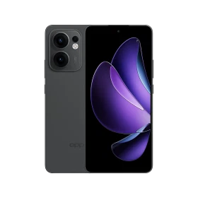 Oppo Reno 13 F 5G gri akıllı telefon, ön ekran ve arka kamera modülü görünümüyle vitrin çekimi