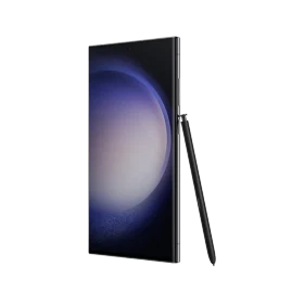 Samsung Galaxy S23 Ultra siyah akıllı telefon, geniş ekran ve yanında S Pen kalemle önden görünüm