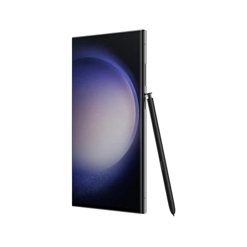 Samsung Galaxy S23 Ultra siyah akıllı telefon, geniş ekran ve yanında S Pen kalemle önden görünüm