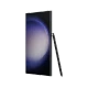 Samsung Galaxy S23 Ultra siyah akıllı telefon, geniş ekran ve yanında S Pen kalemle önden görünüm