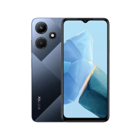 Infinix Hot 30i siyah akıllı telefon, ön ekran ve arka kamera tasarımıyla vitrin görünümü