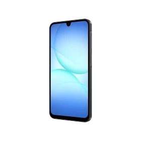Samsung Galaxy A17 siyah akıllı telefon, geniş ekranlı ön yüz ve ince çerçeve tasarımıyla önden görünüm