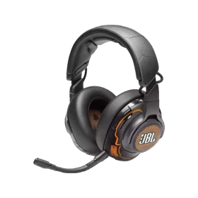 JBL Quantum ONE Kablolu siyah oyuncu kulaklığı, mikrofonu ve turuncu detaylarıyla önden görünüm