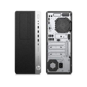 HP EliteDesk 800 G5 7PE86EA masaüstü bilgisayarın siyah kasa ön ve arka görünümü
