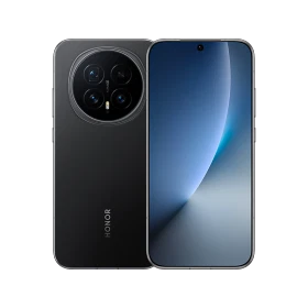 Honor Magic 8 siyah akıllı telefon, ön ekran ve arka kamera modülüyle vitrin görünümü