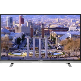 Arçelik A55L 9583 5B Ultra HD 4K LED televizyon, şehir manzarası gösteren siyah ekranlı TV