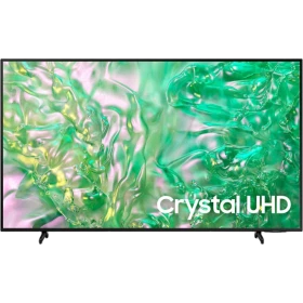 Samsung 50DU8100 Ultra HD 4K LED televizyon vitrinde, Crystal UHD yazılı canlı yeşil ekran görünümü