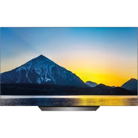 LG OLED65B8PLA Ultra HD 4K OLED televizyon, koyu çerçeveli ve manzara ekranlı vitrin görünümü