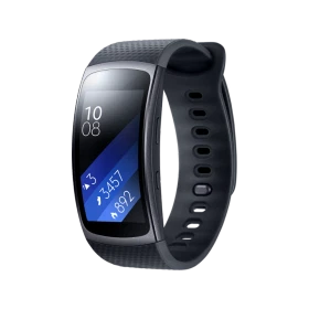 Samsung Gear Fit 2 siyah akıllı bileklik, renkli ekranı ve ayarlanabilir kordonuyla önden görünür.