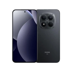 Xiaomi Redmi Note 15 Pro 5G siyah akıllı telefon, ön ekran ve arka dörtlü kamera modülü görünümü