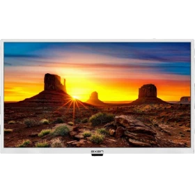 Axen AX32DAB3037-B HD Ready LED TV, beyaz çerçeveli ekranında gün batımı ve çöl manzarası gösteriyor