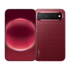 Huawei Pura X View kırmızı telefonun ön ve arka yüzü, yatay kamera modülüyle birlikte gösteriliyor