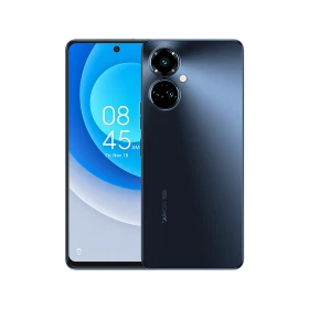Tecno Camon 19 Pro siyah akıllı telefonun önden ekranı ve arkadan çift kamera tasarımı, vitrin görünümü