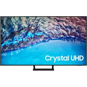 Samsung 55BU8500 Ultra HD 4K LED televizyon ekranında Crystal UHD yazısı, genel renkli vitrin görünümü