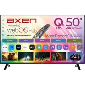 Axen AX50QMN252C-S Ultra HD 4K LED televizyon, webOS arayüzü açık ekranı ve ayaklarıyla önden görünüm