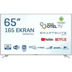 Onvo OV65HTL351 Ultra HD 4K 65 inç LED televizyon, ince çerçeveli ve ayaklı tasarımıyla önden görünüm