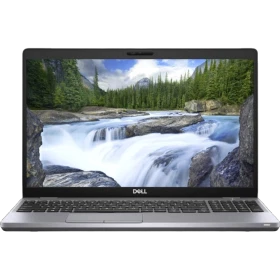 Dell Latitude 5510 gri iş ve ofis laptopu; ekranda doğal manzara görüntüsü ve klavye ön görünümü