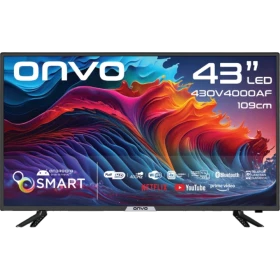 Onvo 43OV4000AF Full HD LED televizyon, siyah çerçeveli 43 inç ekran ve renkli dalga görüntüsü