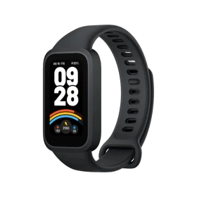 Xiaomi Smart Band 9 Active siyah akıllı bileklik, renkli ekranı ve ayarlanabilir silikon kordonuyla önden görünüm