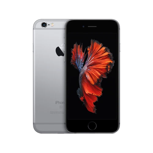 Apple iPhone 6 siyah akıllı telefonun ön ve arka yüzünün vitrin görünümü, ekranda renkli desen