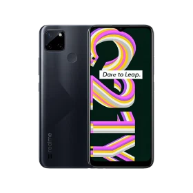Realme C21 Y siyah akıllı telefon, ön ekran ve arka üçlü kamera tasarımıyla vitrin görünümü
