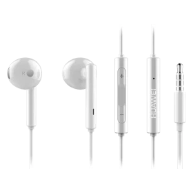 Huawei AM115 Kablolu beyaz kulaklık, mikrofonlu kumanda ve 3,5 mm jakıyla siyah zeminde sergileniyor