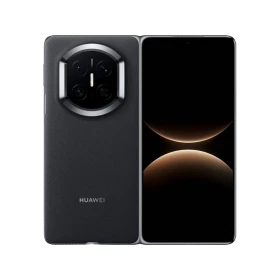 Huawei Mate X7 siyah akıllı telefon, vitrin görünümü; arka çoklu kamera modülü ve geniş ekran tasarımı