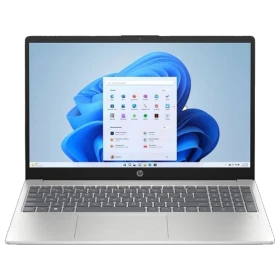 HP AI 15-fd2003nt C03PREA gümüş renkli iş ve ofis laptop, Windows arayüzlü açık ekranıyla önden görünüm