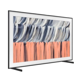 Samsung 98LS03HE QLED Ultra HD 4K TV siyah çerçeveli, soyut renkli ekran görüntüsü ile önden görünüm