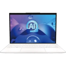 MSI Prestige 13 AI Evo A1MG-281TR beyaz ultrabook laptop, ekranda yapay zekâ simgesi görünen vitrin görünümü