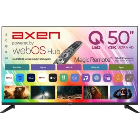 Axen AX50QUPRL-W02M Ultra HD 4K LED televizyon, akıllı TV arayüzü ve kumanda görüntüsüyle