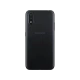 Siyah Samsung Galaxy A01 akıllı telefonun arka yüzü, çift arka kamera ve flaş detayıyla görünüyor