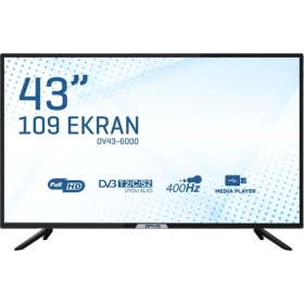 Onvo OV43-6000 Full HD FHD 43 inç LED televizyon, siyah çerçeveli ve ayaklı tasarımıyla önden görünüm