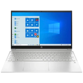 HP Pavilion 15-eh0000nt 2N2K2EA gümüş iş ve ofis laptopu; açık ekran ve klavye görünümü